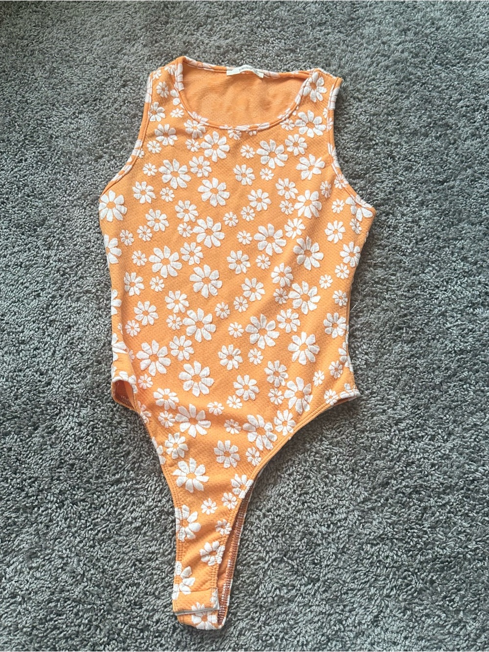 Timing Orange Floral Ribbed Tank Bodysuit with White Daisies